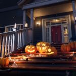 jack-o-lanterns on the steps of a house