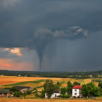 Tornado is shown in the distance of a countryside under a tornado warning.