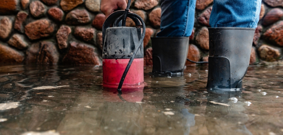 Man wears wading boots as he attempts to clean up water damage covered by his water backup insurance policy that was caused by a sump pump overflow.
